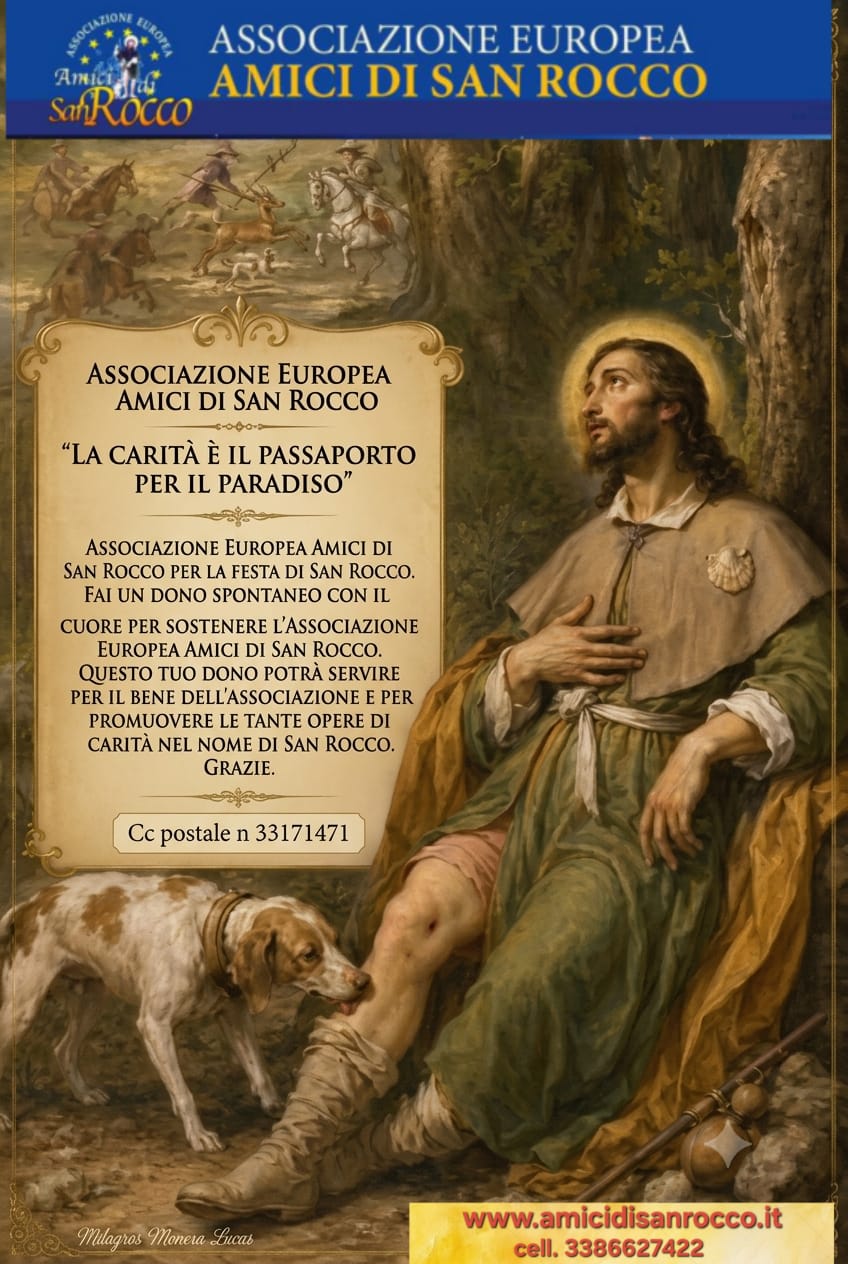 Locandina «La carità è il passaporto per il paradiso»: San Rocco con il cane e invito a sostenere l'Associazione
