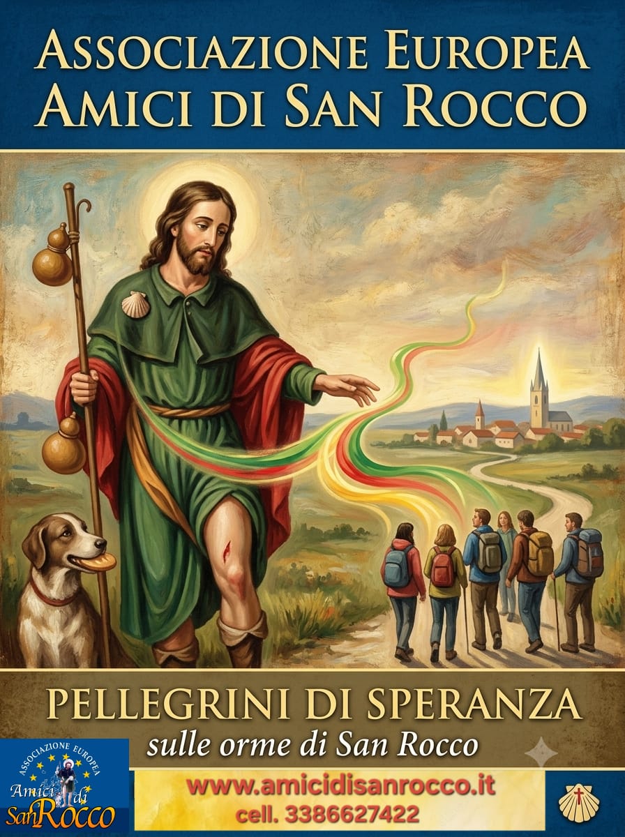 Locandina «Pellegrini di speranza, sulle orme di San Rocco»: San Rocco indica il cammino a un gruppo di pellegrini