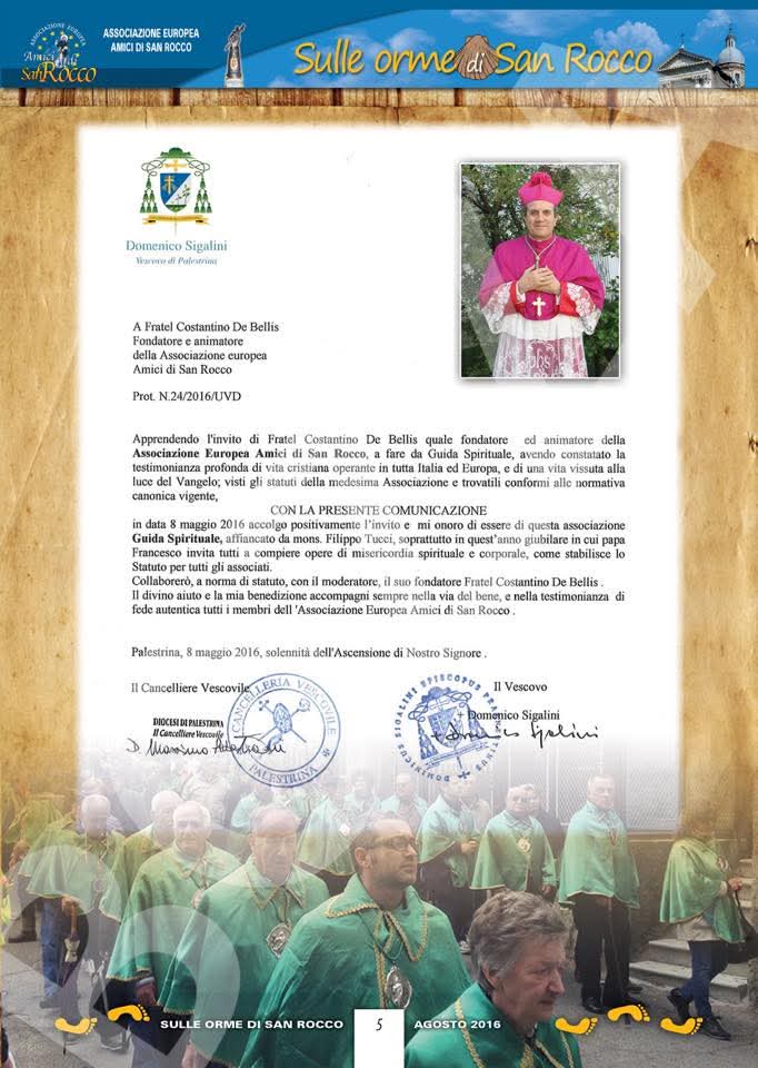 Lettera dell'8 maggio 2016 con cui Mons. Domenico Sigalini accoglie l'invito a Guida Spirituale dell'Associazione Europea Amici di San Rocco
